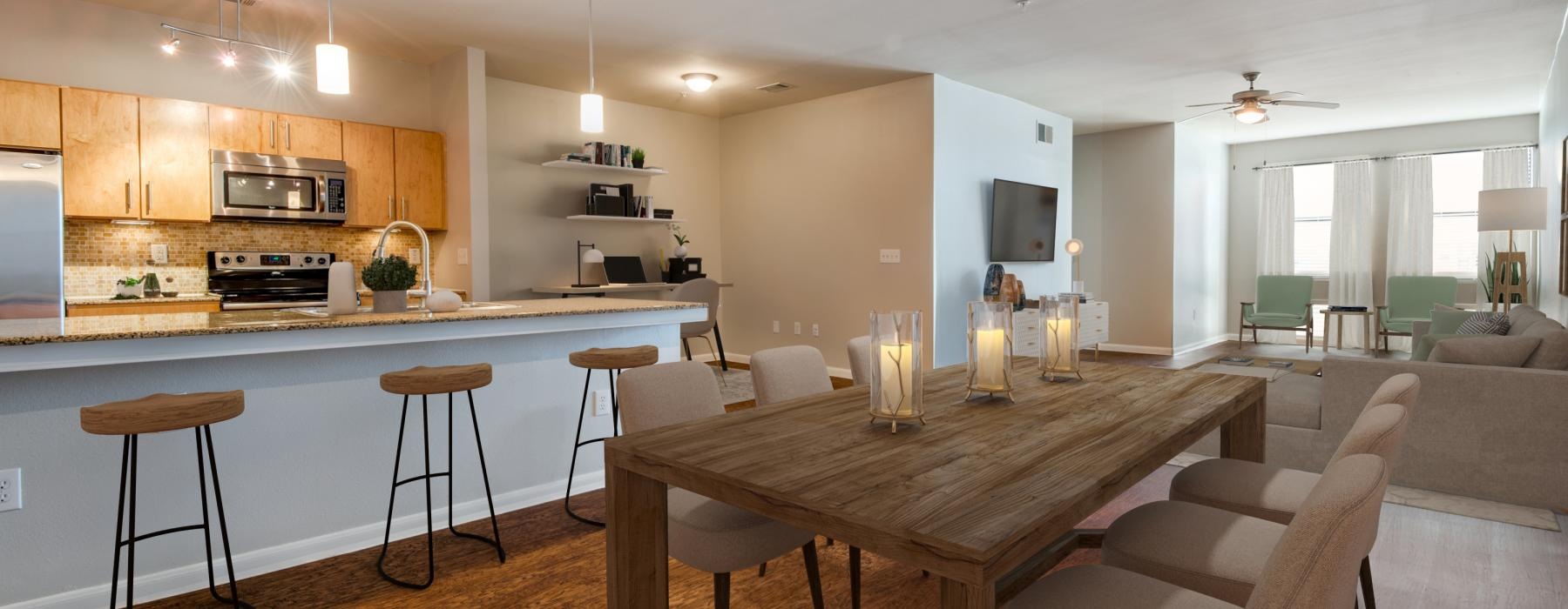 a kitchen with a table and chairs