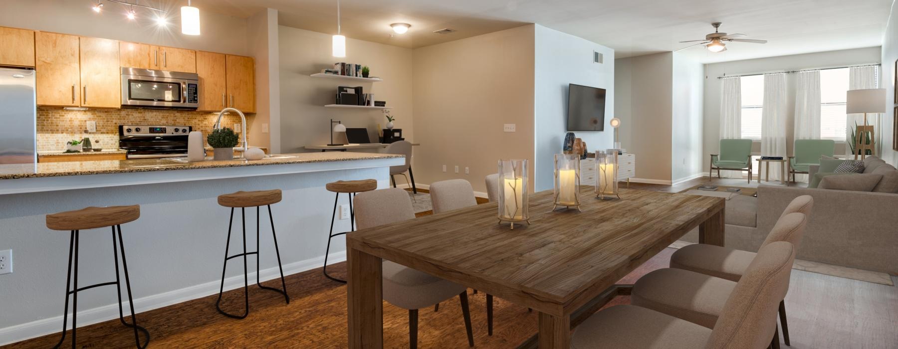 a kitchen with a table and chairs
